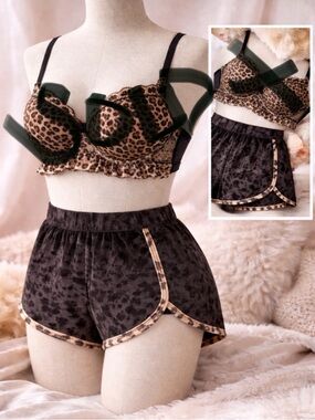 PINK Victoria's Secret Leopard Print, Black Velvet Shorts